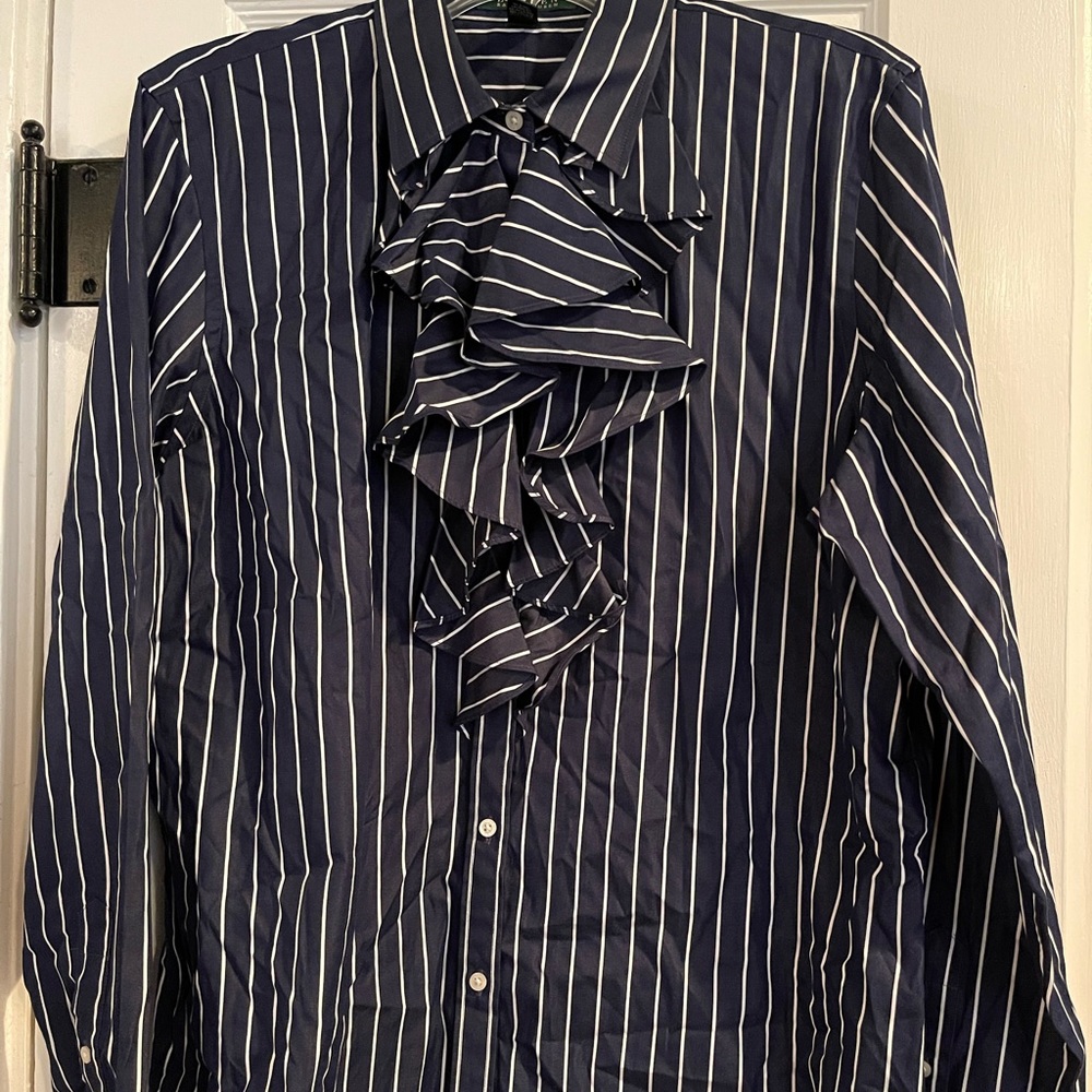 Ralph Lauren ruffled buttoned down dress shirt, navy blue/white striped, size XL